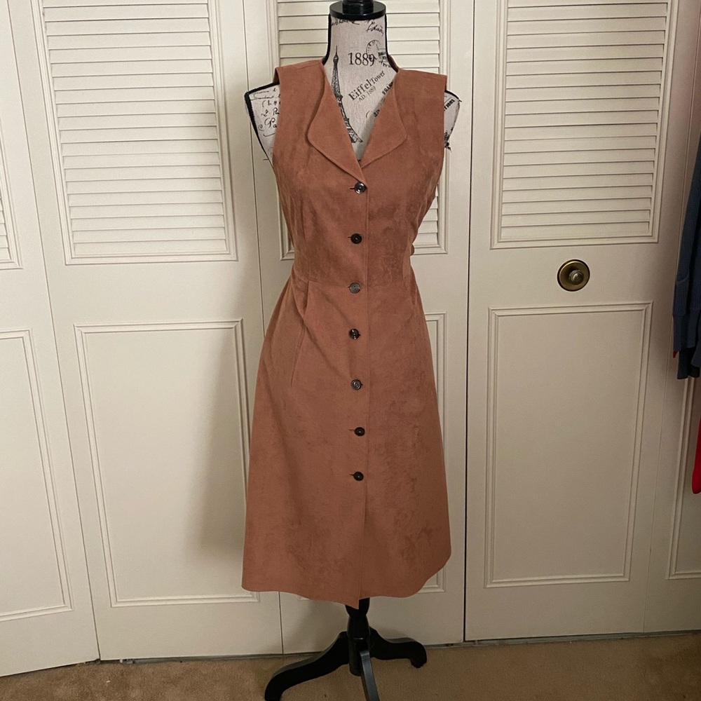 Sleeveless camel brown tan suede button down dress